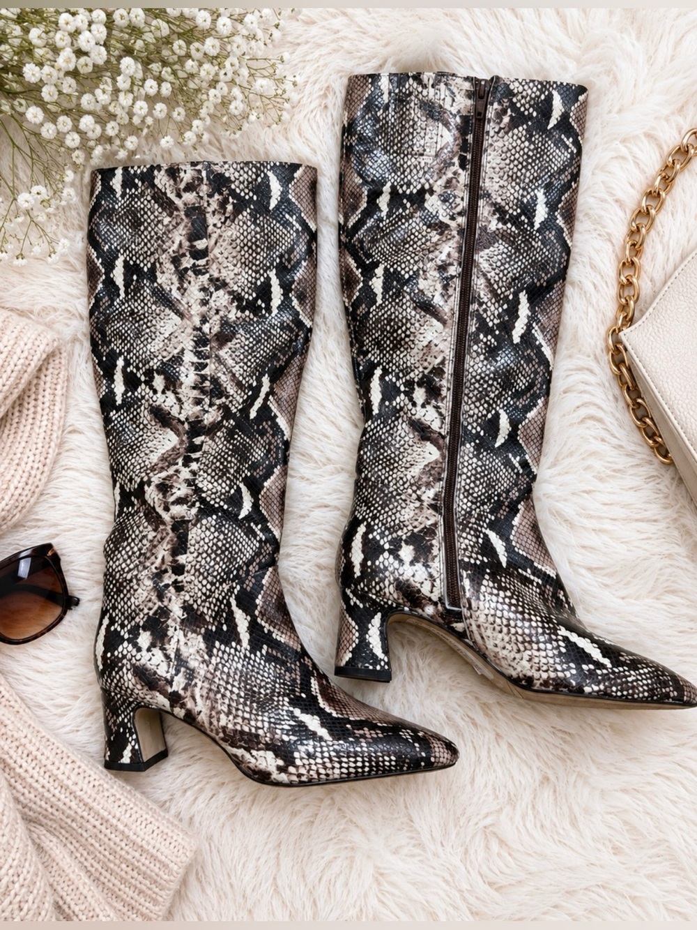 Snakeskin Print Knee High Pointed Toe Block Heel Boots